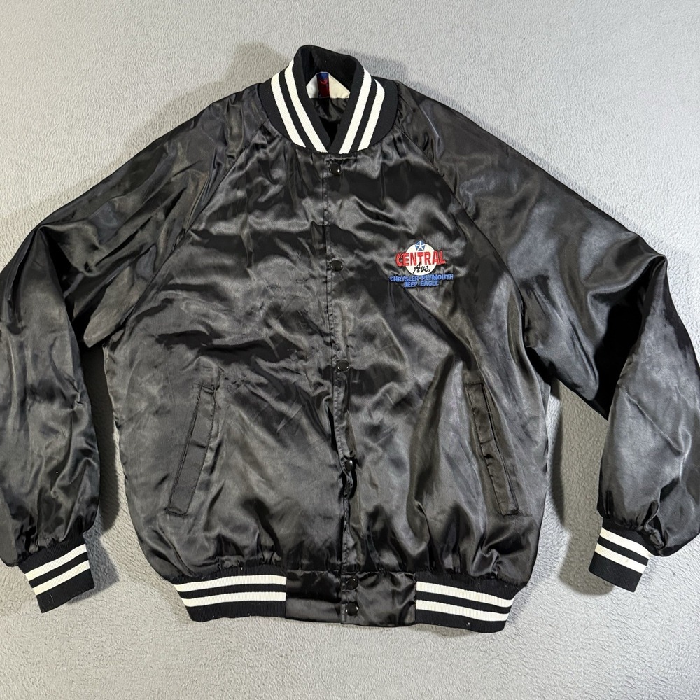 Vintage Westark Central Ave Jacket L Black 80s Chrysler Jeep Satin Bomber RARE
